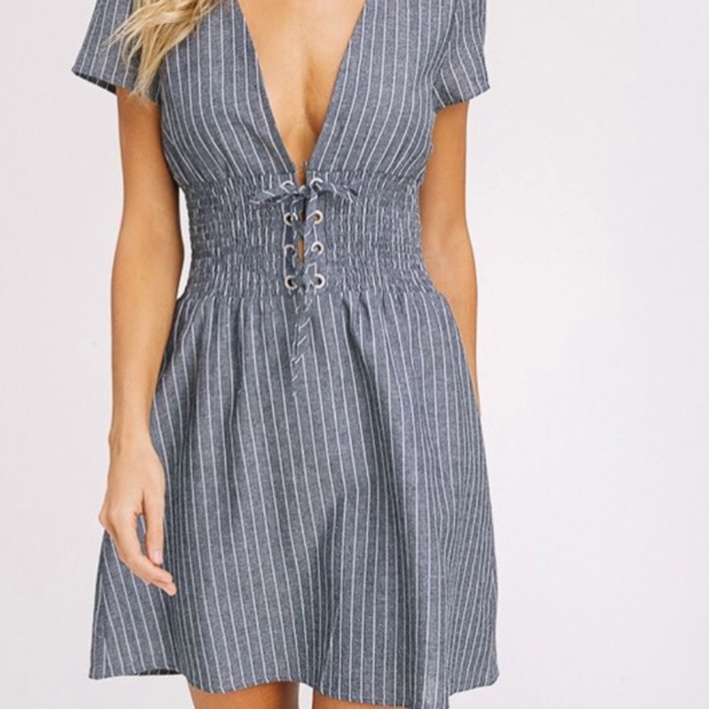 Blue and white cinched dress